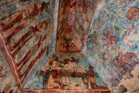 Bonampak, Chiapas, Mexico 21 December 2019: Ancient murals in Temple of Paintings of Bonampak, from Classic Maya period. The paintings show the story of Mayan life.